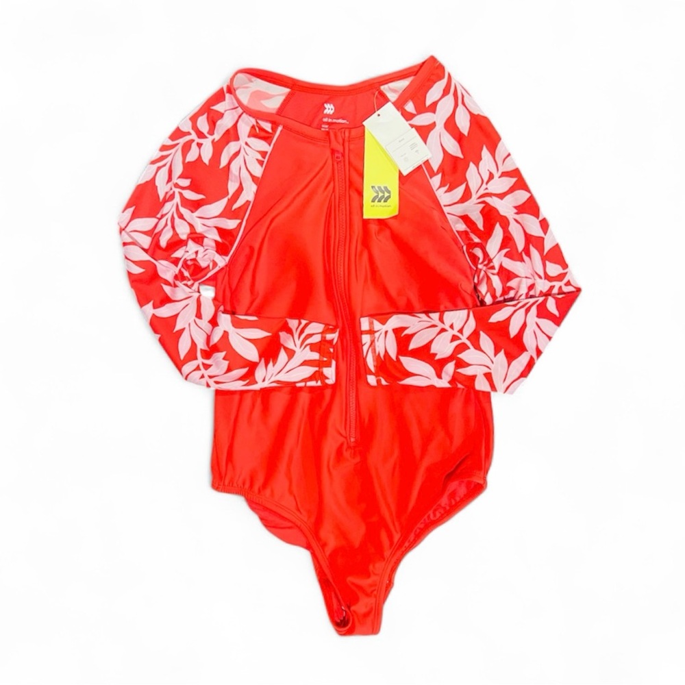 All in Motion Red and White Leaf Print Wonen’s Swimsuit Wetsuit